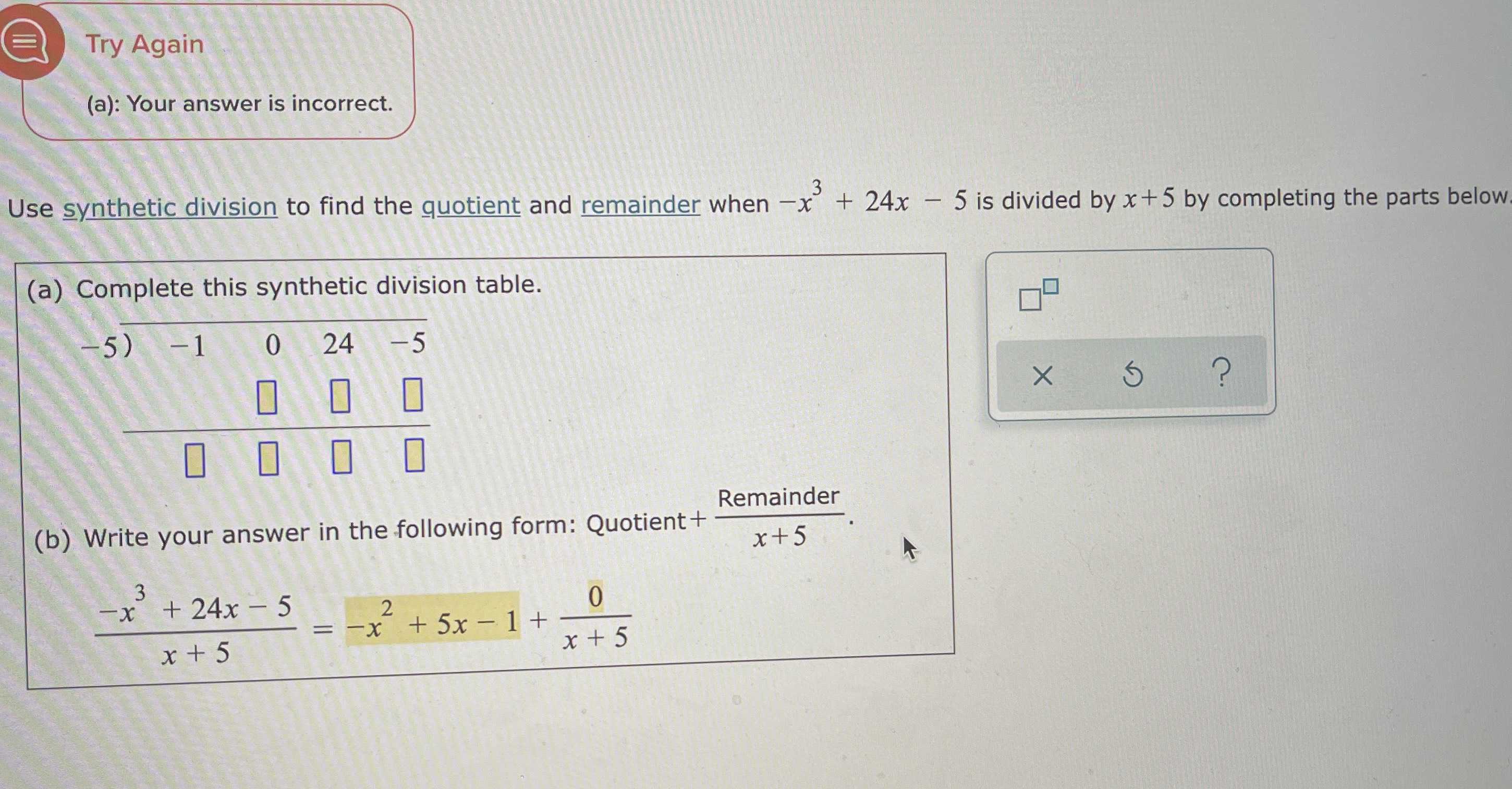 Use synthetic division to find the quotient and re... - CameraMath