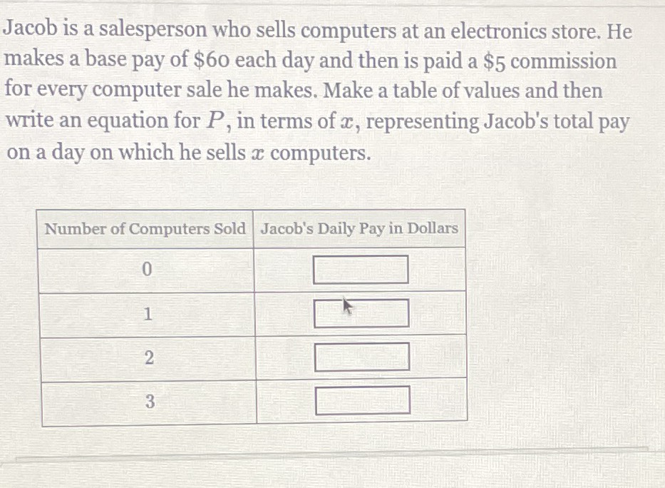 Jacob is a salesperson who sells computers at an electronics store. He