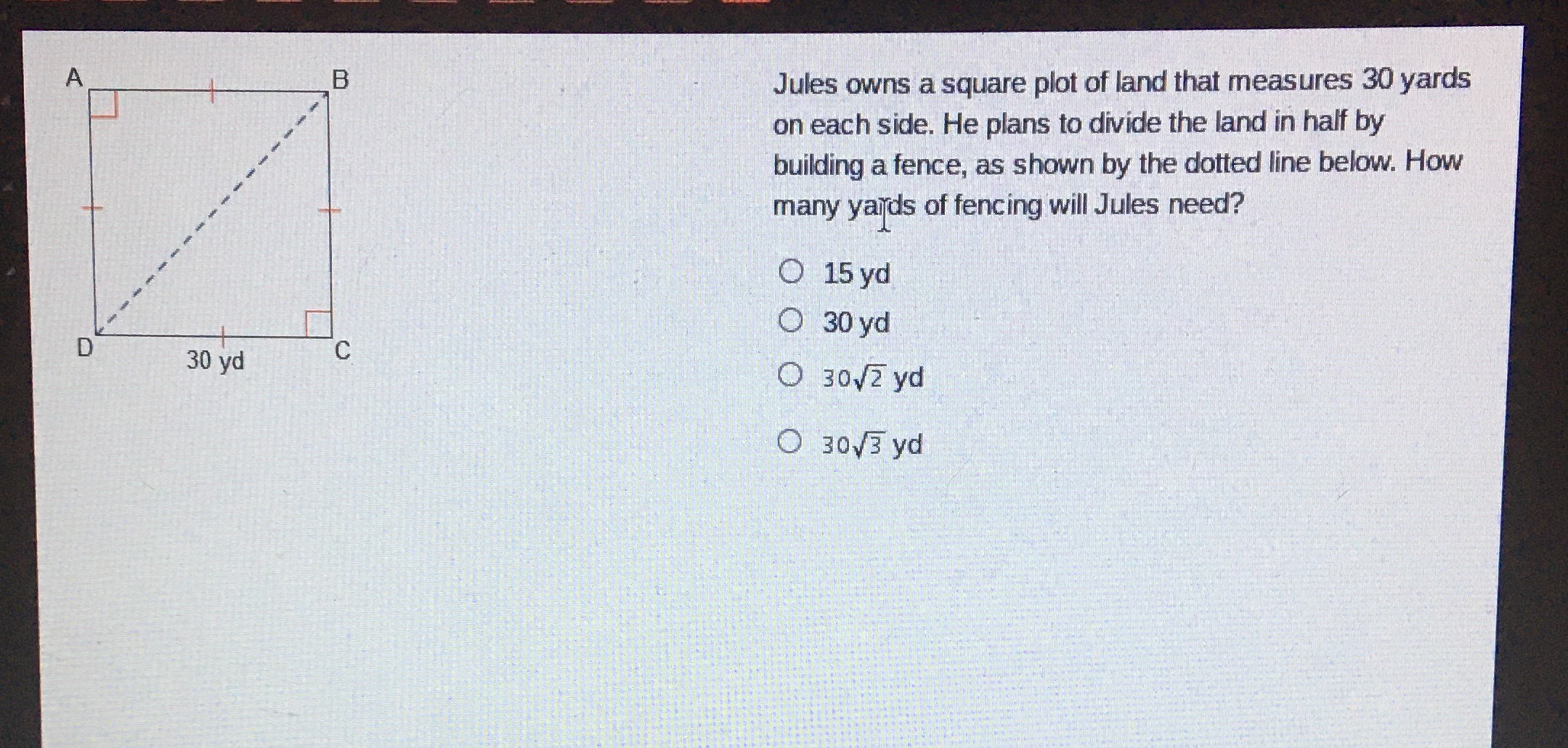 Jules owns a square plot of land that measures \( CameraMath
