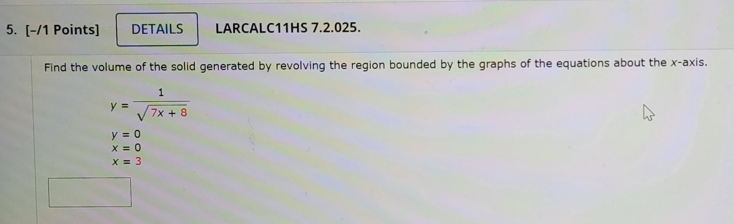 Find the volume of the solid generated by revolvin... CameraMath