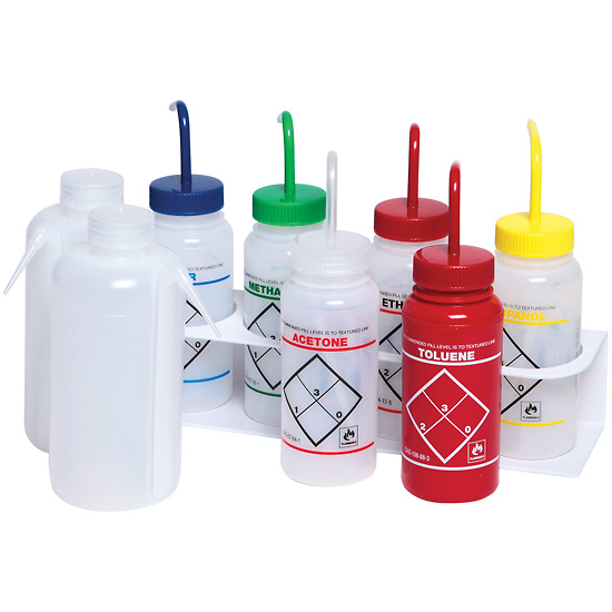 Safety Labeled Solvent and Wash Bottle Kit 8 Bottles with Holder from