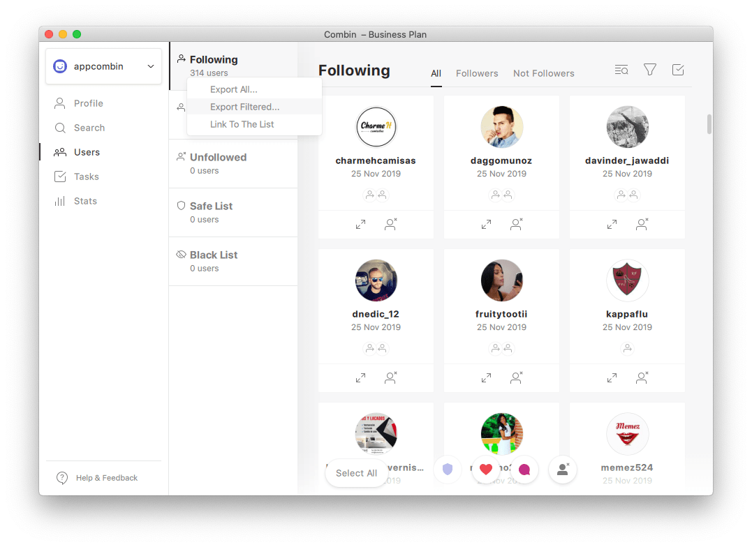 How to export Instagram following/followers list to XLS/CSV