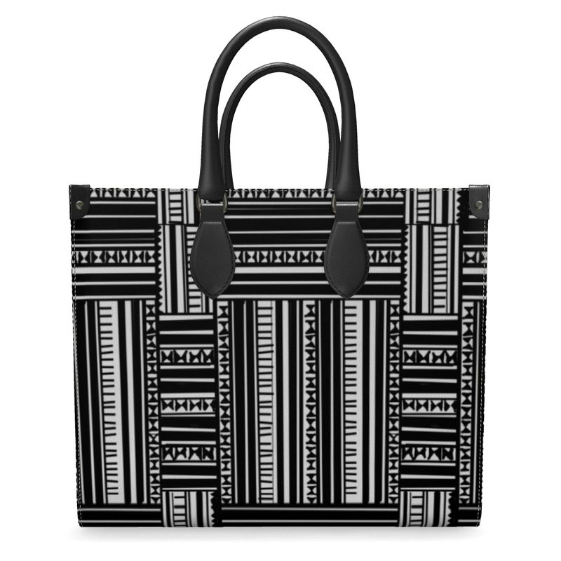 Leather Shopper Bag Bohemian Ethnic Black and White