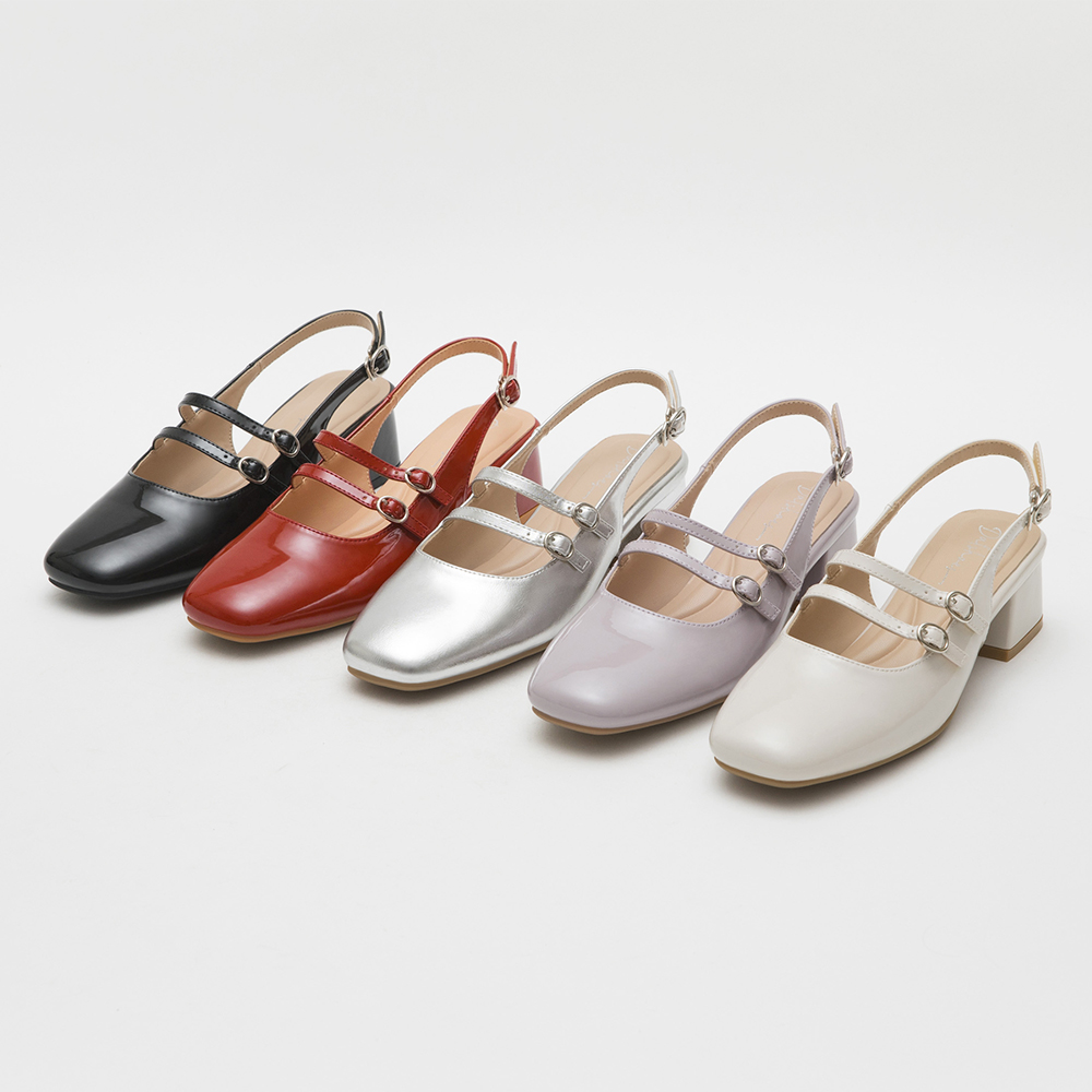 Patent Leather Double Strap LowHeel Slingback Mary Jane Shoes Beige