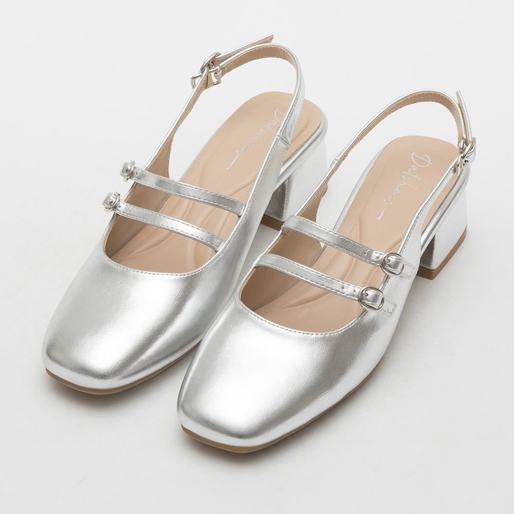 Patent Leather Double Strap LowHeel Slingback Mary Jane Shoes Silver