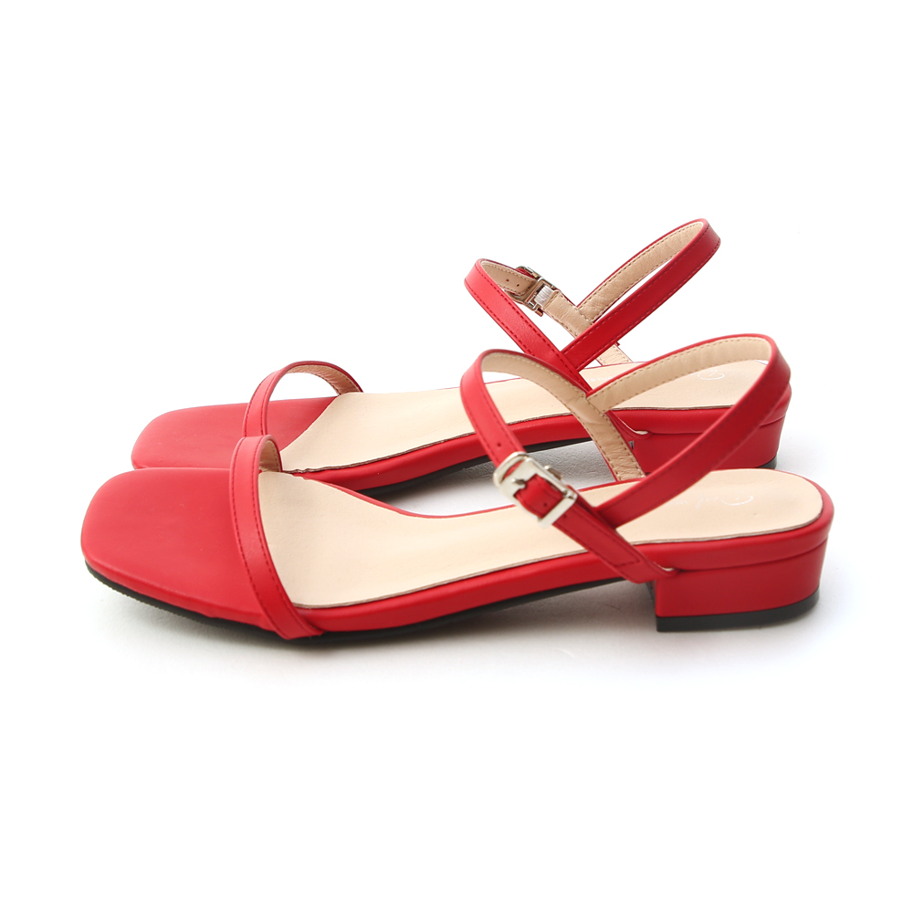 Square Toe Ankle Strap Low Heel Sandals Red │ D+AF Official Online Shop
