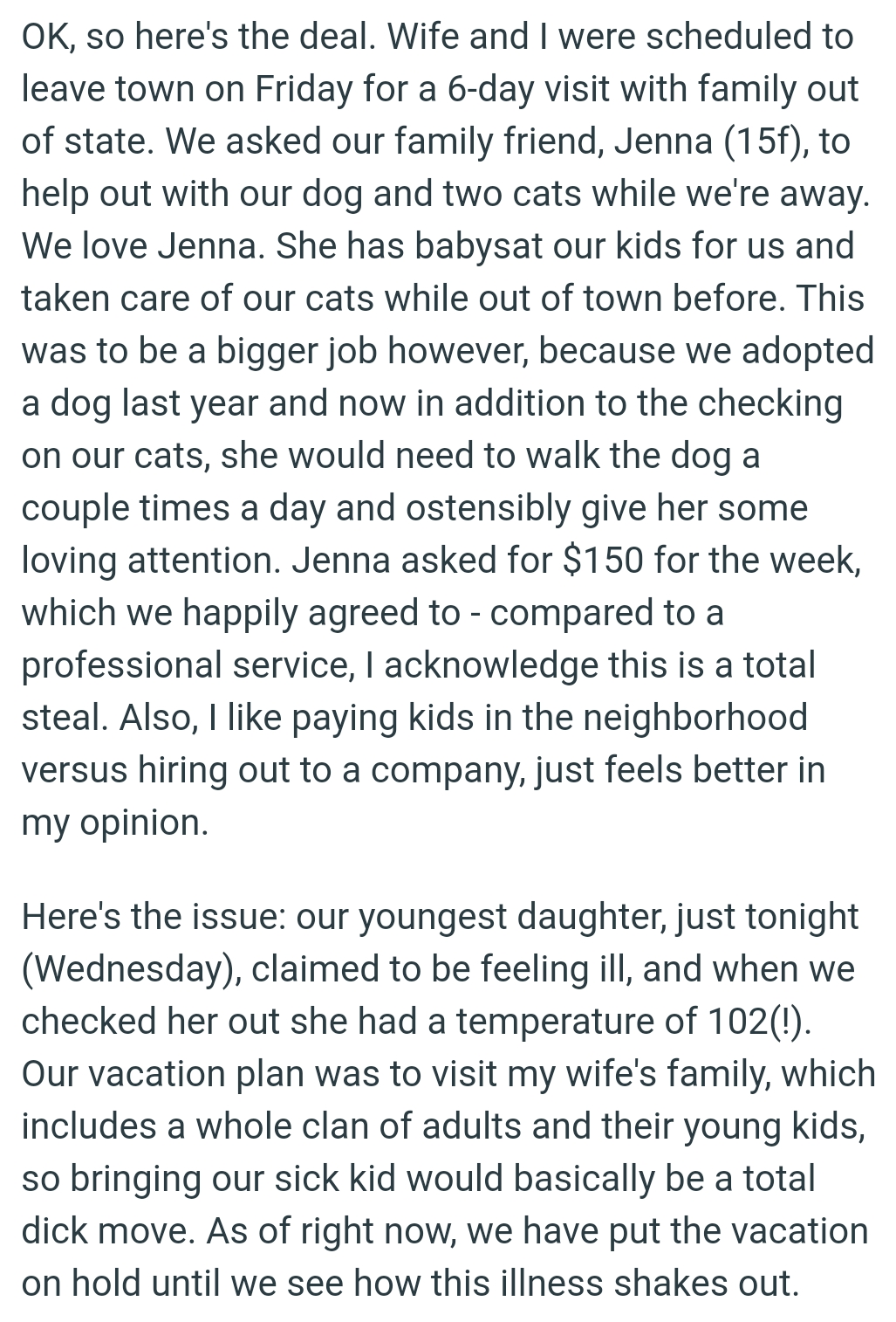 Couple Argues On Percentage To Pay To Teen Petsitter For Cancelling