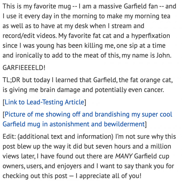 Redditor Discovers That The Garfield Mug He Drinks From Daily Contains