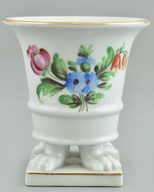 Herendi virágmintás porcelán oroszlán lábas mini kaspó, kézzel festett