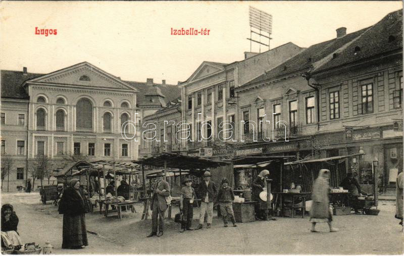 1907 Lugos, Lugoj; Izabella tér, piac, sörcsarnok, Barát és Lengyel és