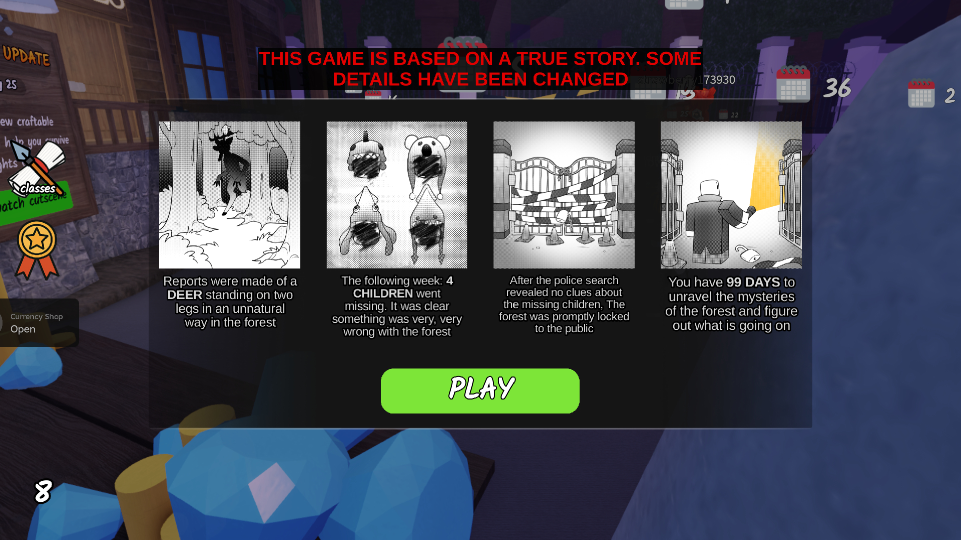 In-game prompt about being based on a true story (Image via Roblox Corporation)