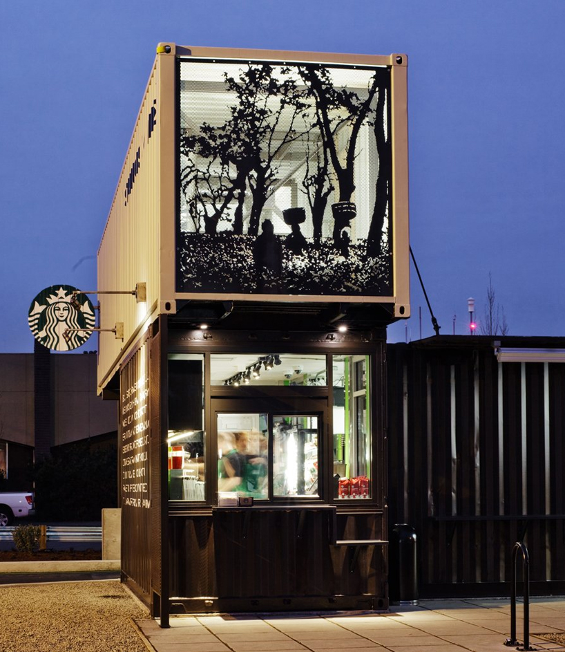starbucks drive thru and walk up store made from shipping containers