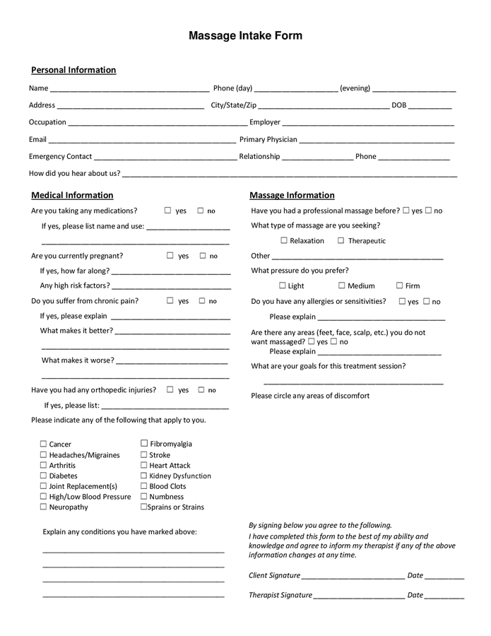 Massage intake form in Word and Pdf formats
