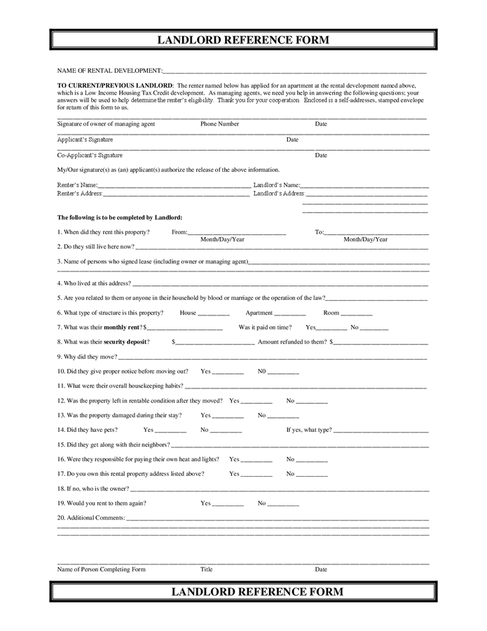 Landlord reference form in Word and Pdf formats