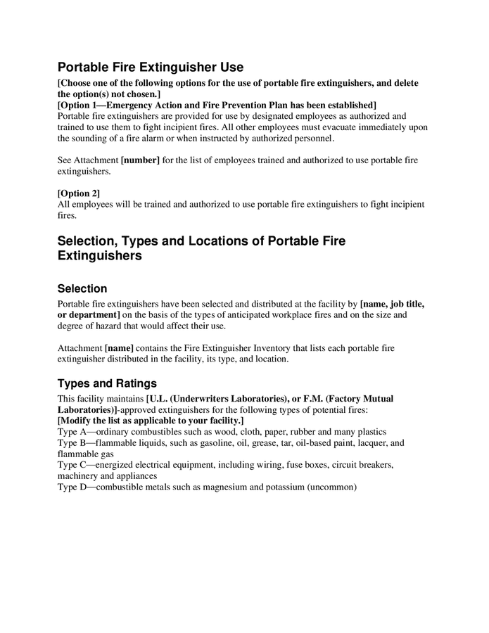 Portable fire extinguisher plan template in Word and Pdf formats page