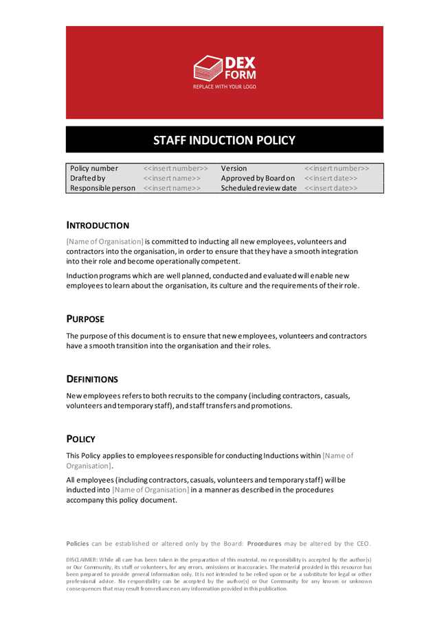 Staff induction policy in Word and Pdf formats