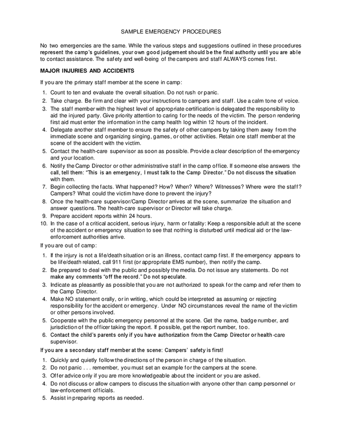 Sample emergency procedures in Word and Pdf formats