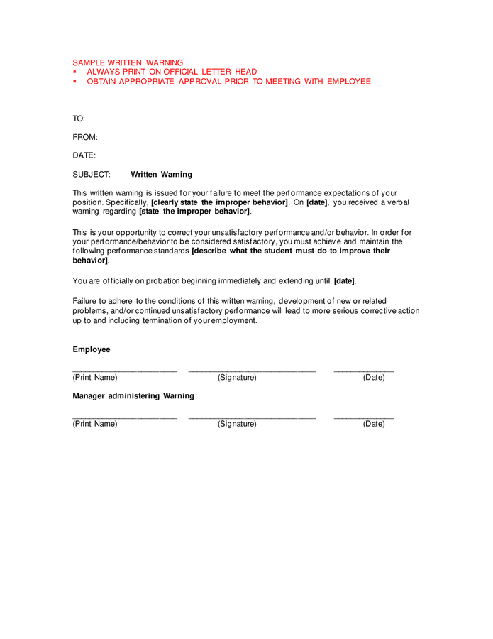 Written warning letter in Word and Pdf formats