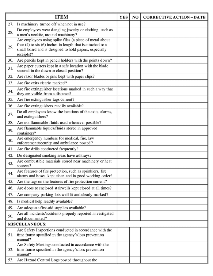 Sample safety inspection checklist in Word and Pdf formats page 2 of 3