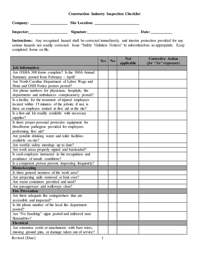 Construction industry inspection checklist in Word and Pdf formats