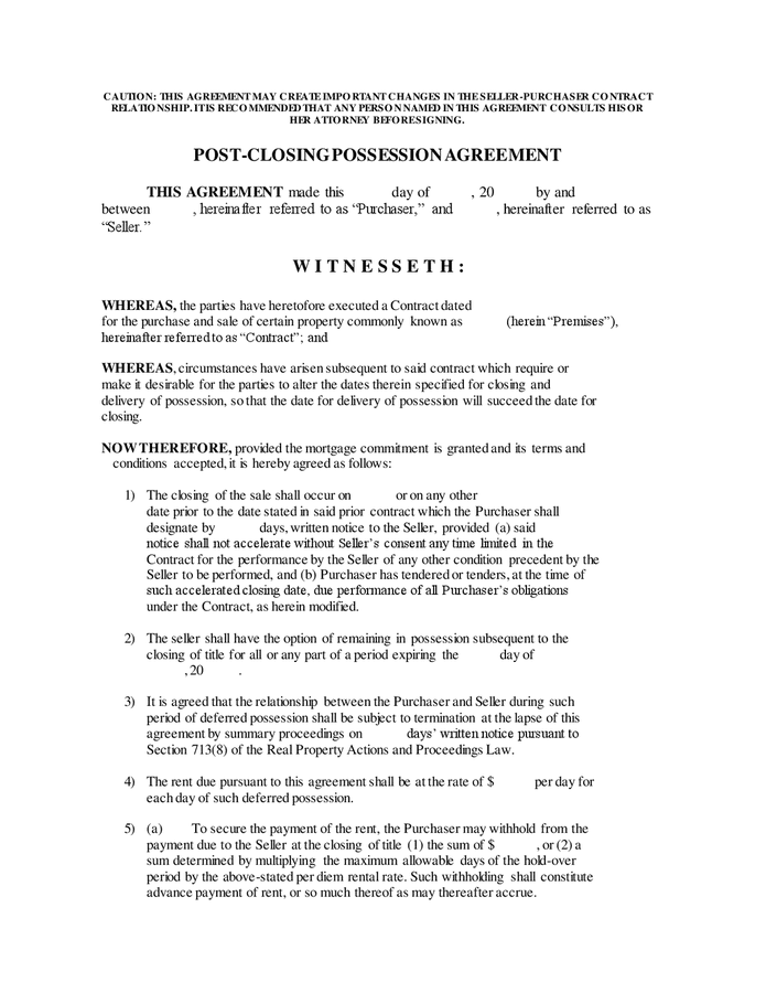Postclosing possession agreement in Word and Pdf formats
