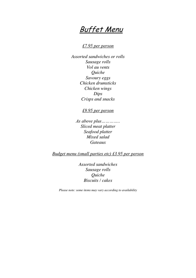 Wedding Buffet Menu in Word and Pdf formats