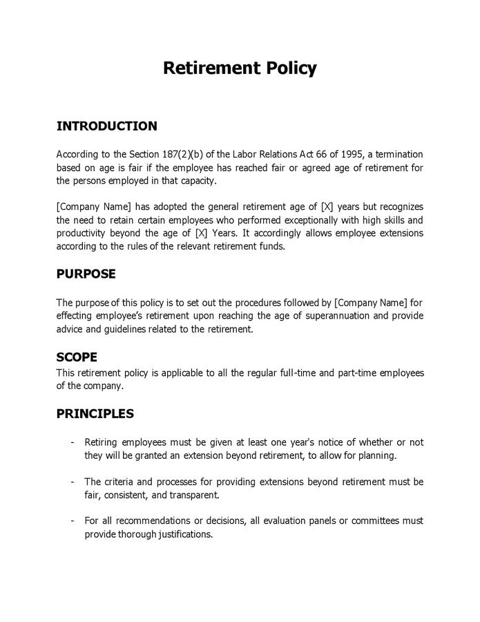 Retirement policy in Word and Pdf formats