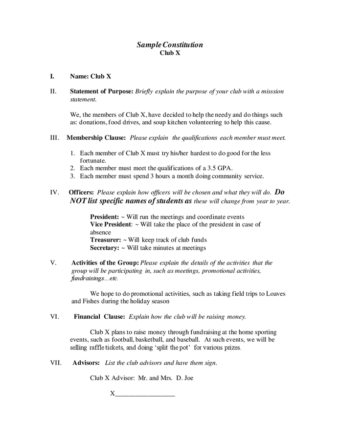 Sample club constitution in Word and Pdf formats