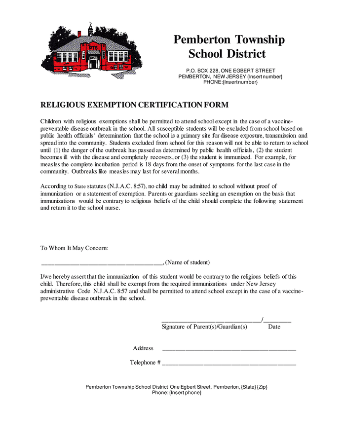 Sample religious exemption certification form in Word and Pdf formats