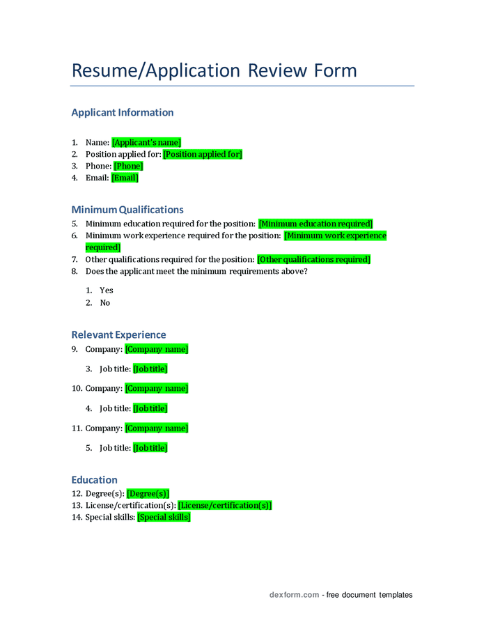 Resume / application review form in Word and Pdf formats