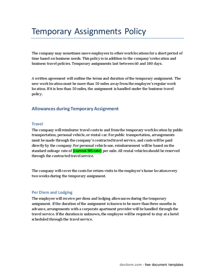 Temporary assignments policy in Word and Pdf formats