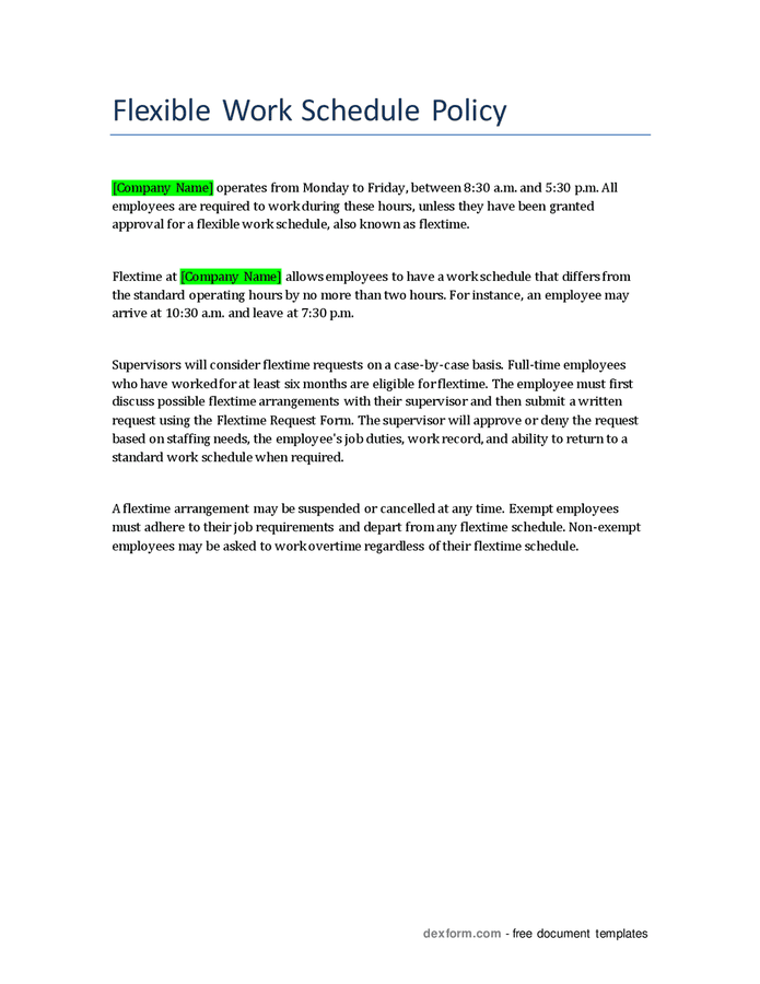 Flexible work schedule policy in Word and Pdf formats