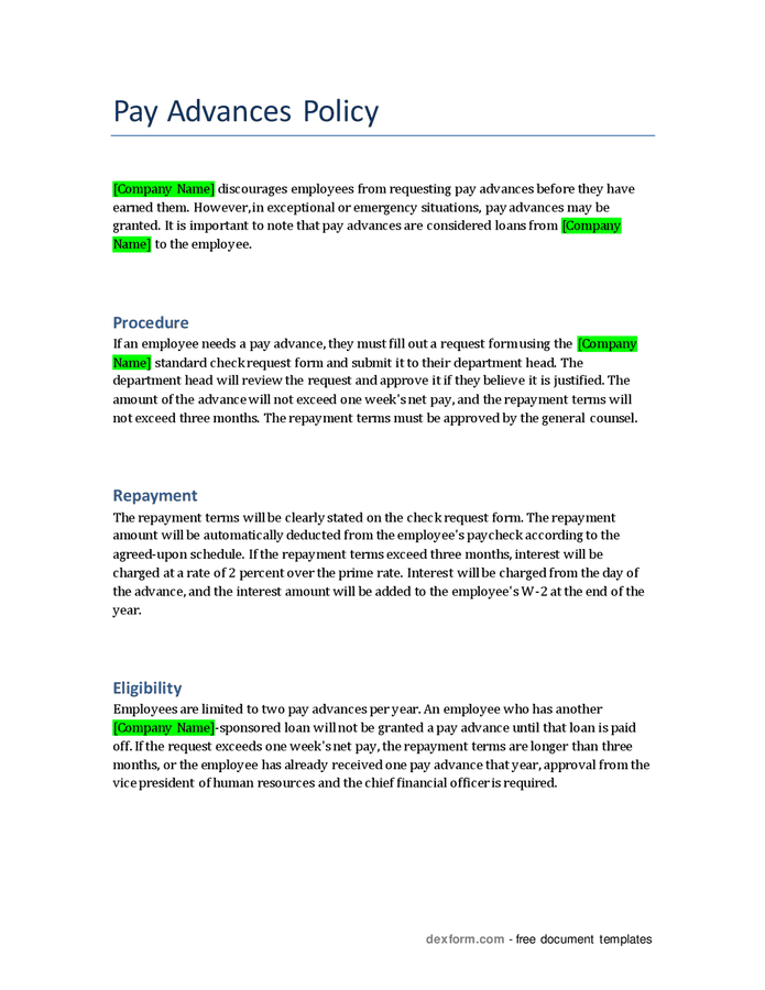 Pay advances policy in Word and Pdf formats