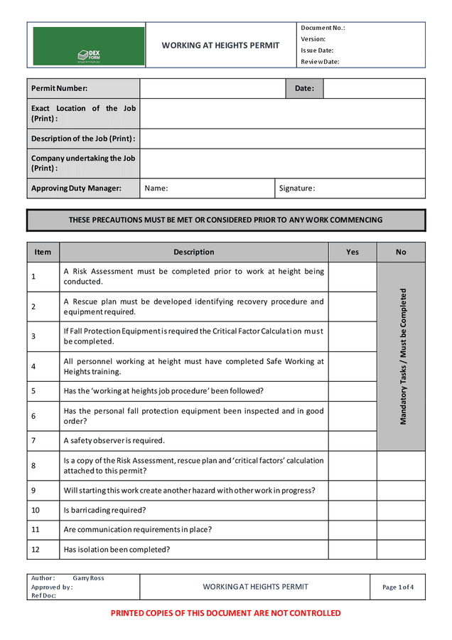 Working at heights sample permit in Word and Pdf formats