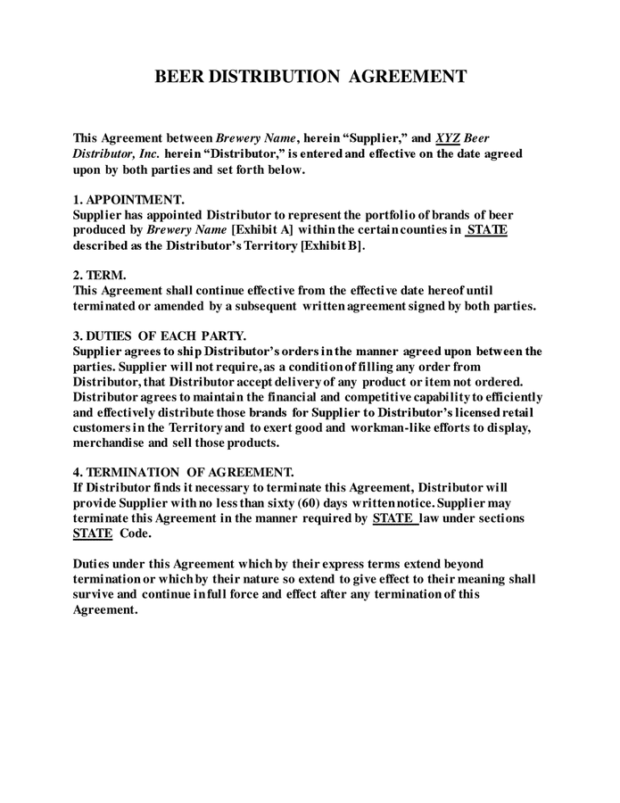 Beer distribution agreement in Word and Pdf formats