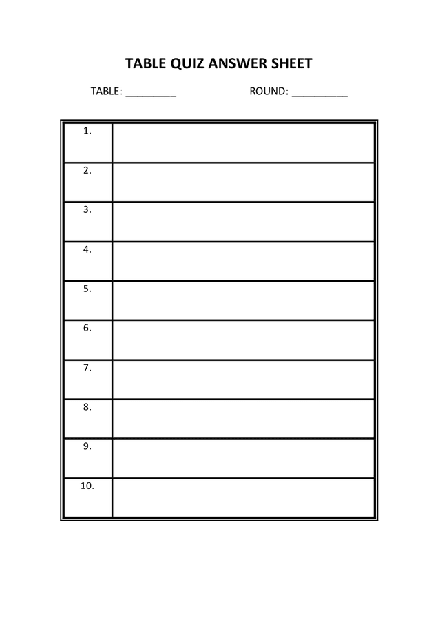Table quiz answer sheet in Word and Pdf formats