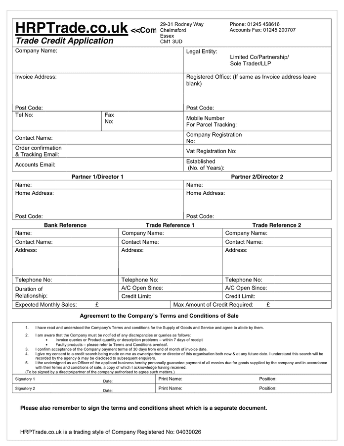 Trade Credit Application Form in Word and Pdf formats