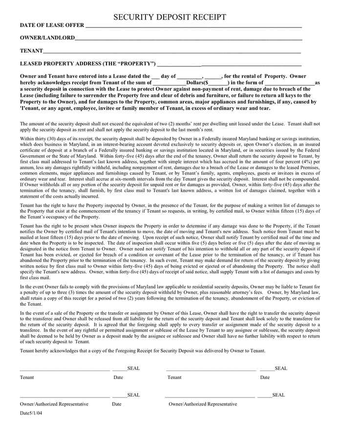 Security deposit receipt in Word and Pdf formats