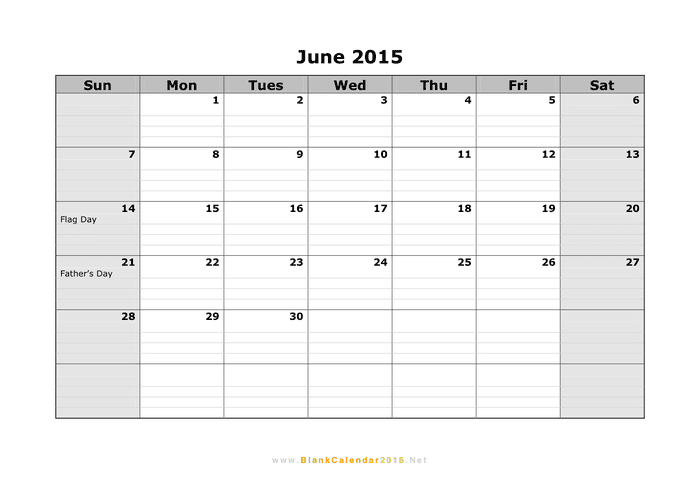 June 2015 Calendar in Word and Pdf formats