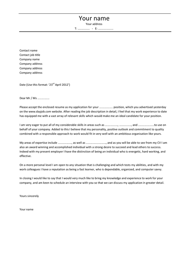 cover letter example in Word and Pdf formats