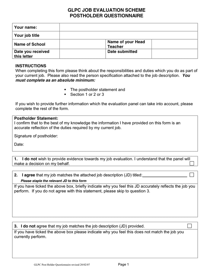 Glpc job evaluation scheme in Word and Pdf formats