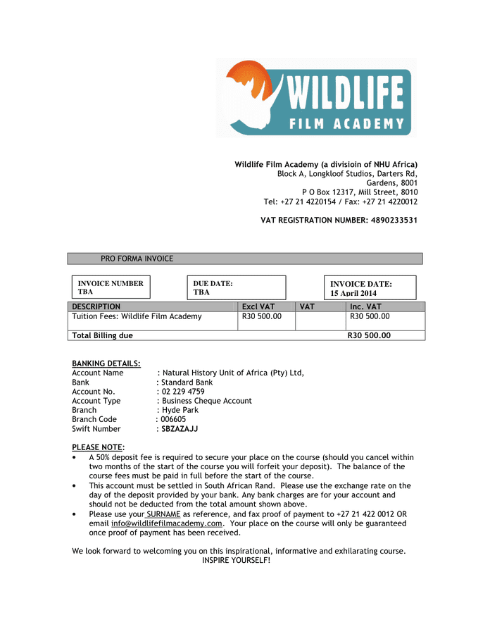 PRO FORMA INVOICE in Word and Pdf formats