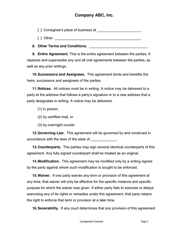 Consignment Contract in Word and Pdf formats page 2 of 3