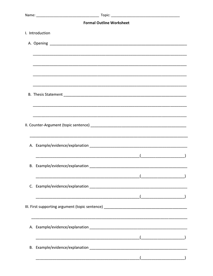 Formal Outline Worksheet in Pdf and Word formats
