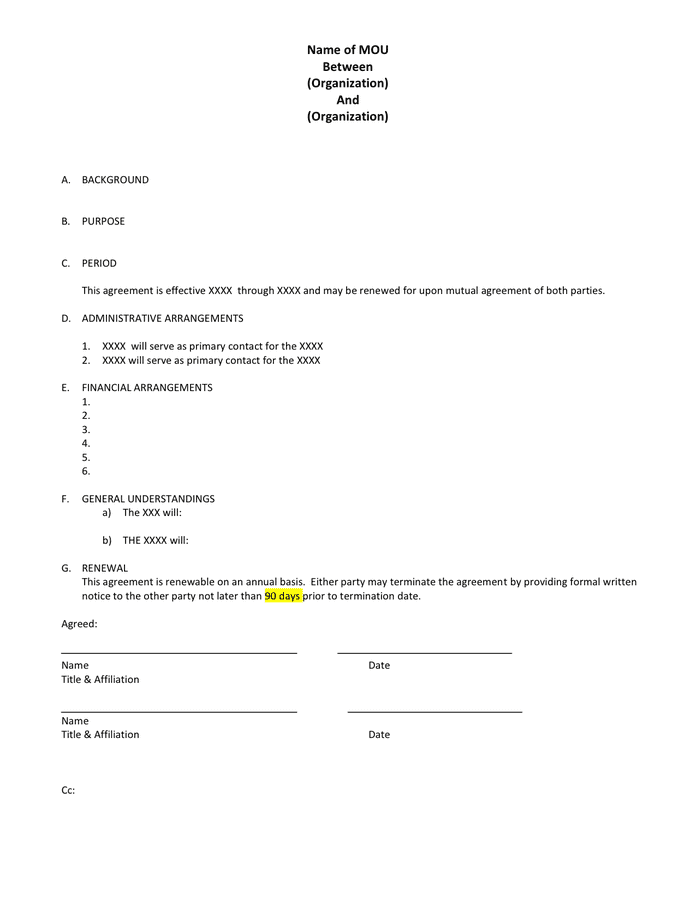 Memorandum of Understanding Sample in Word and Pdf formats