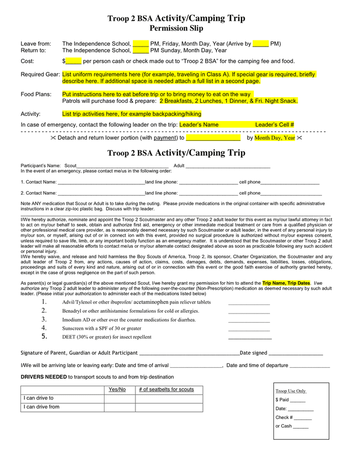 Permission Slip in Word and Pdf formats