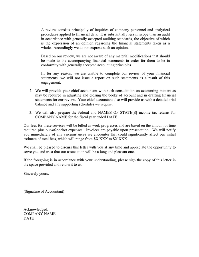 Sample review engagement letter in Word and Pdf formats page 2 of 2
