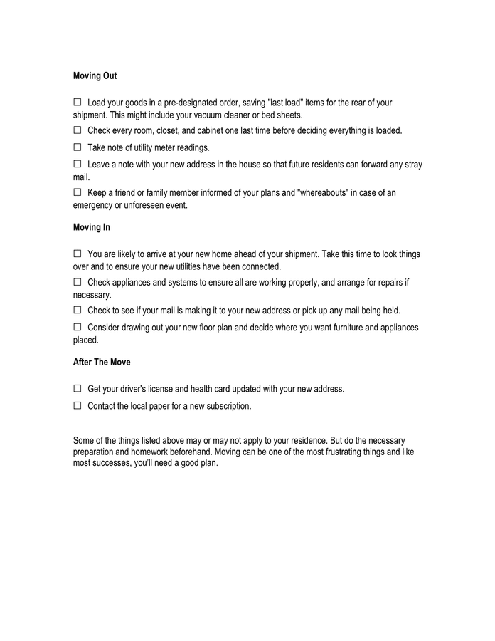 Residential moving checklist template in Word and Pdf formats page 4 of 4