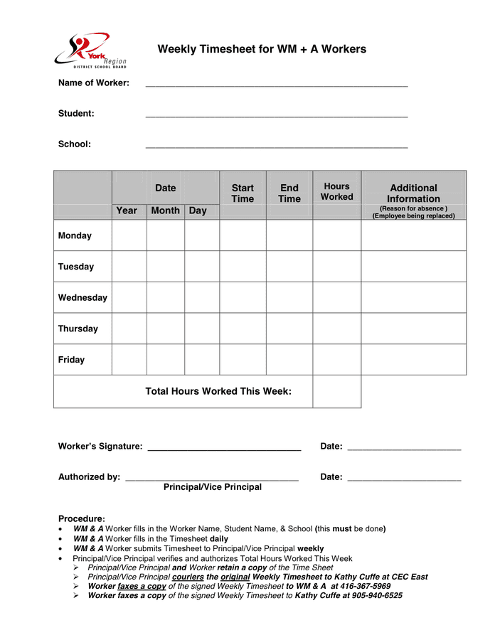 Weekly Timesheet for in Word and Pdf formats