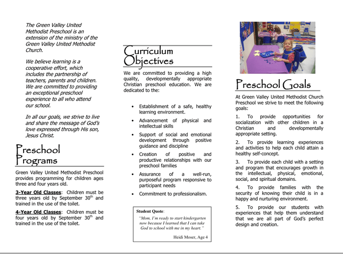 Preschool Brochure in Word and Pdf formats